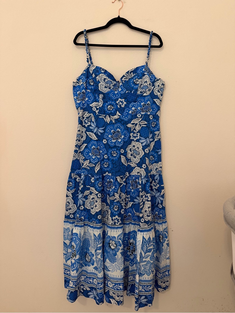 FARM Rio Blue Full of Flowers Midi Cotton Dress XL Beach Resortwear Vacation